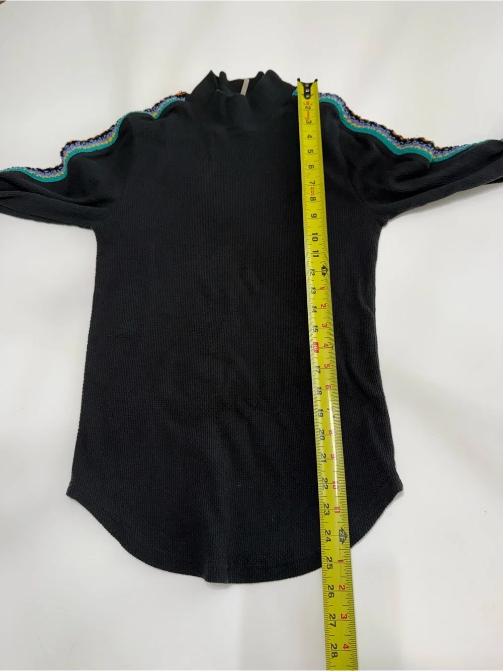 Free People Black Ribbed Long Sleeve Top with Multicolor Sleeve Stripes